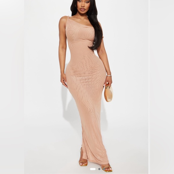 One-Shoulder Sheer Beige Maxi Dress - Picture 4 of 4